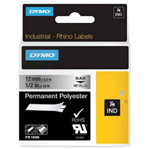 Dymo Trak Rhino Polyester 18486, 12 mm / 5.5 m (črno/metalni), original Slike