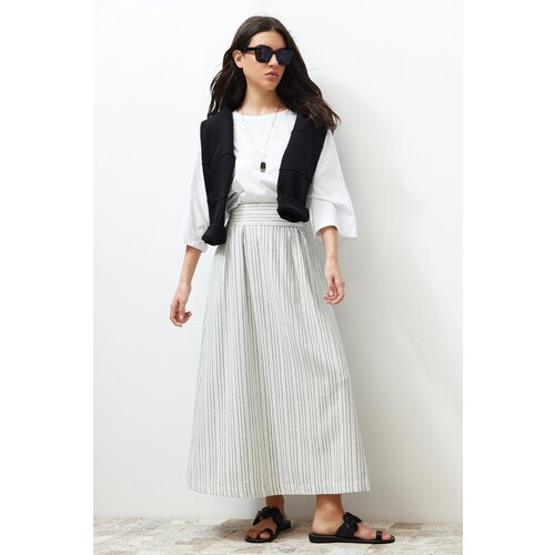 Trendyol Ecru Striped Linen Look Woven Skirt with Pocket Detail Slike