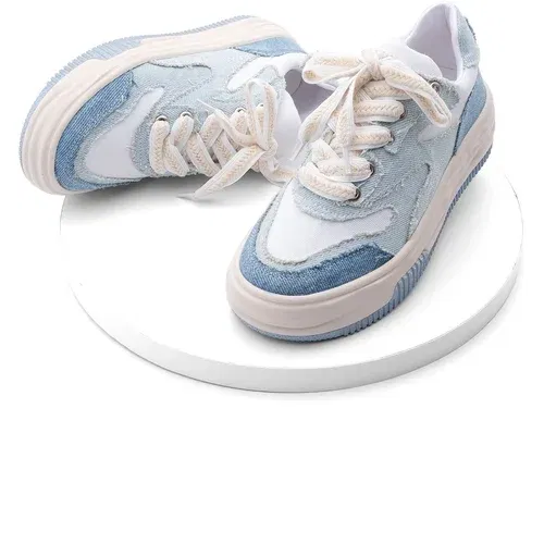 Marjin Women's High-Sole Sneaker Linen Fabric Lace-Up Sneakers Corken Blue Jeans.