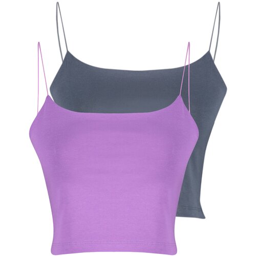 Trendyol Anthracite-Purple 2-Pack Cotton Spaghetti Strappy Crop Stretchy Knitted Undershirt Cene