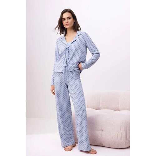 TRENDYOLMILLA ženski set pidžama 3-Piece Cotton Lycra Tied Ribbon Patterned Thmss26Pt00064, Tamno plava / Svetlo plava Slike
