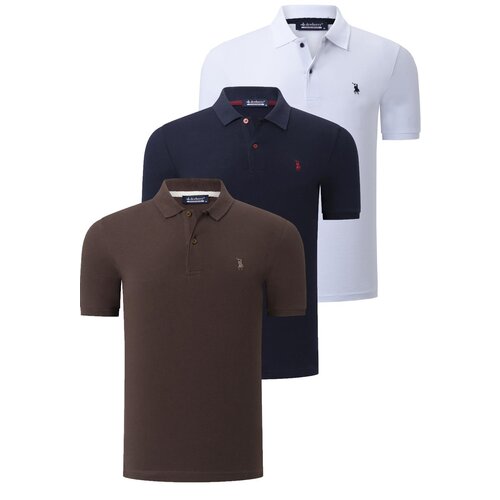 Dewberry TRIPLE SET T8561 MENS T-SHIRT-NAVY BLUE-WHITE-COFFEE Slike