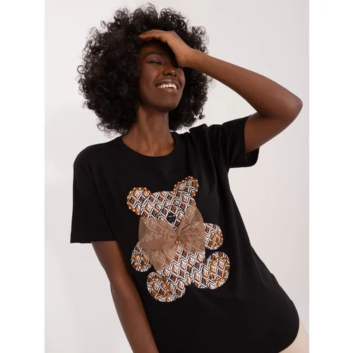 Fashion Hunters Black cotton T-shirt with teddy bear