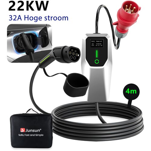 JUNSUN Tip 2 EV električni avtomobilski polnilni kabel – 22kW, nastavljiv tok, LCD zaslon, prenosni polnilnik 4 m z vtičem Schuko 6-32A IP67, (22155325) Cene