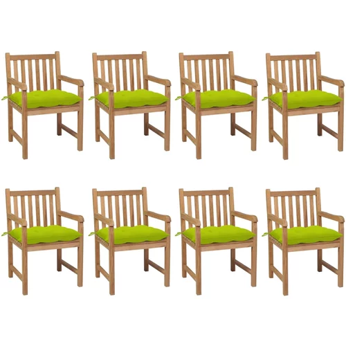 vidaXL Vrtni stoli 8 kosov s svetlo zelenimi blazinami trdna tikovina