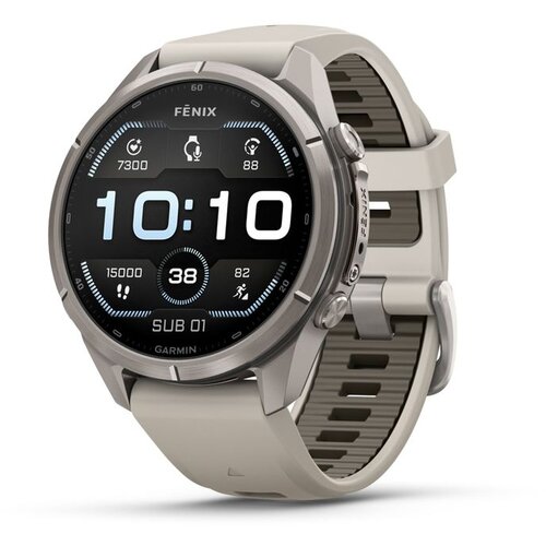 Garmin multisport GPS sat fēnix 9 Pro 43 mm, titanij, silikonski remen maglovito sive / tamne pješčane boje Cene