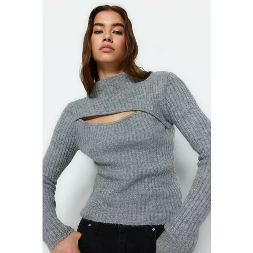 Trendyol Gray Soft Textured Window/Cut Out Knitwear Sweater
