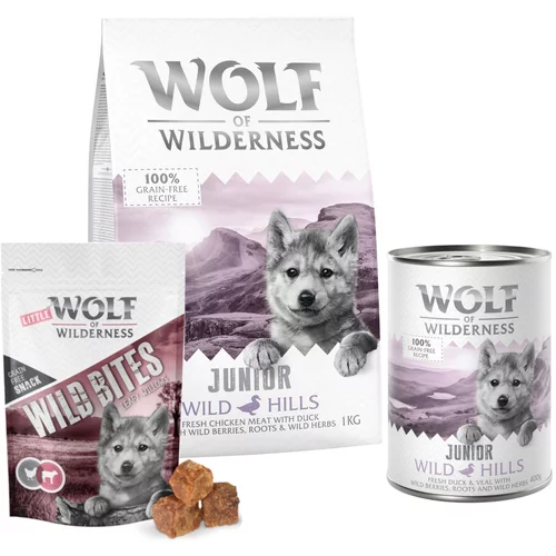 Wolf of Wilderness Little Junior probno pakiranje - 3-djelni set: suha hrana, mokra hrana, grickalice