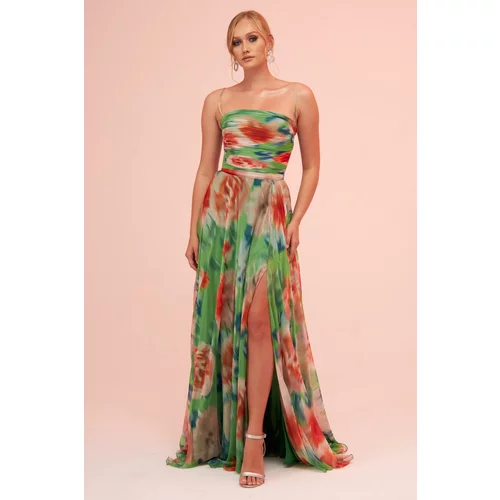 Carmen Green Evening Dress with Straps and a Slit