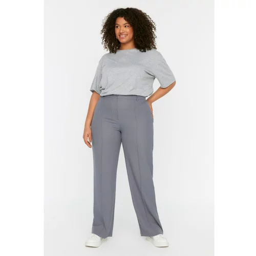 Trendyol Curve Gray High Waist Rib Stitched Cropped Hem Woven Trousers