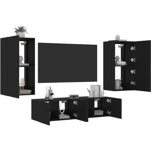  4-dijelni zidni TV elementi s LED svjetlima crni drveni