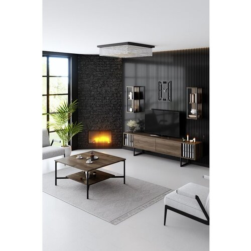 Hanah home Chrome Line Set - Walnut, Black WalnutBlack Living Room Furniture Set Cene