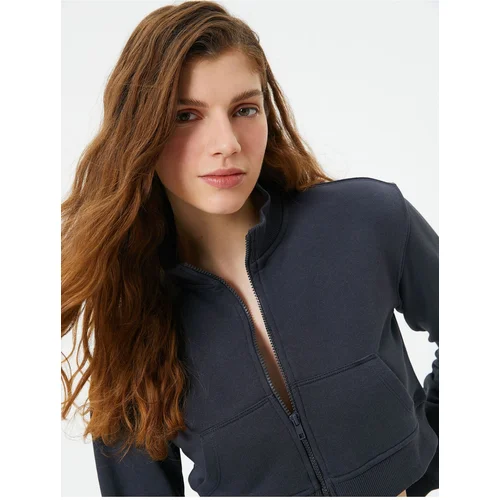  High Neck Crop Zipper Sweatshirt Kangaroo Pocket