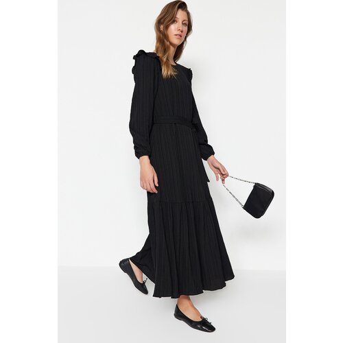 Trendyol Black Belted Ruffled Shoulder Skirt Flounced Lined Viscose Blend Woven Dress Cijene