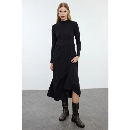 Trendyol Black Straight High Neck Skater/Waist Opening Flexible Maxi Knitted Dress