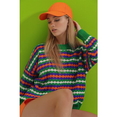 Trend Alaçatı Stili Women's Green Crew Neck Jacquard Multicolored Knitwear Sweater Slike
