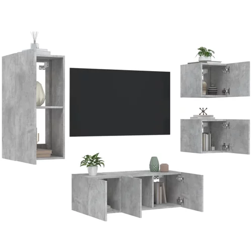  5-dijelni zidni TV elementi s LED svjetlima boja betona drveni