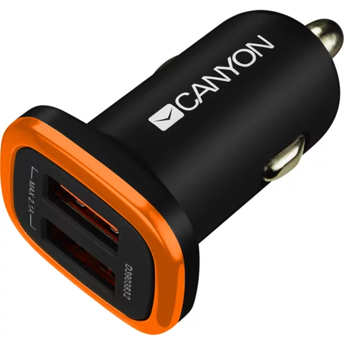 Canyon C-02 Universal 2xUSB car adapter, Input 12V-24V, Output 5V-2.1A, with Smart IC, black rubber coating with orange electroplated ring(without LED backlighting), 51.8*31.2*26.2mm, 0.016kg - CNE-CCA02B