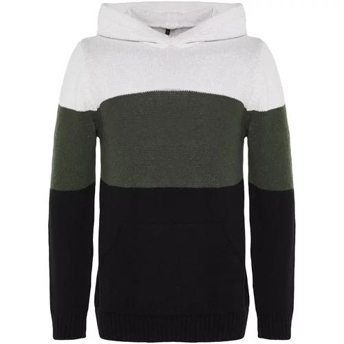 Trendyol Khaki Men's Regular Fit Hooded Color Block Knitwear Sweater.