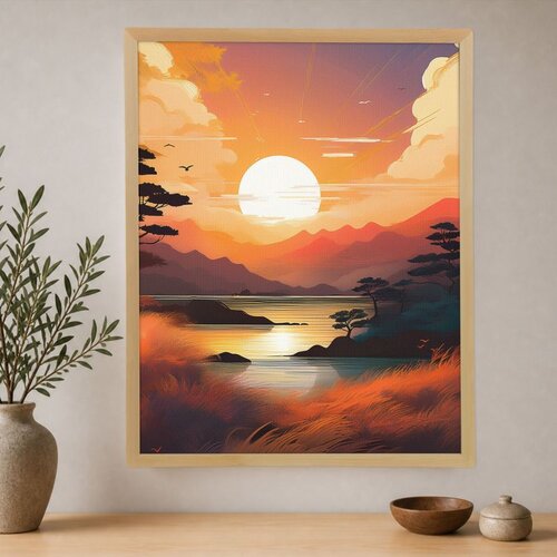 Wallxpert uramljena slika na platnu Cc-D-Ah-1002, zalazak sunca nad jezerom sa planinama i drvećem, 70 x 95 cm Cene