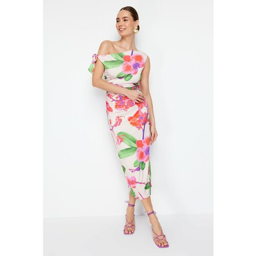 Trendyol limited edition multi color floral print knitted stretch dress Cene