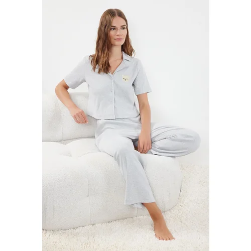 Trendyol Gray Melange Animal Camisole Knitted Pajama Set