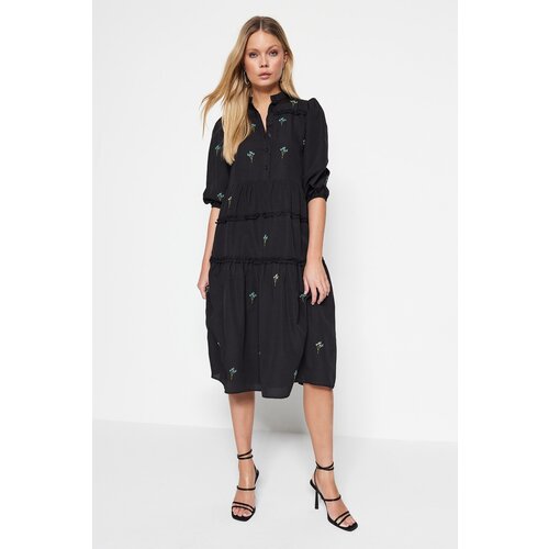 Trendyol black embroidered ruffle detailed dress Cene