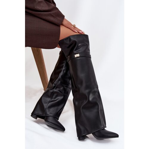 Boto Insulated boots with turned-up shaft over the knee block heel black Serelle Cene