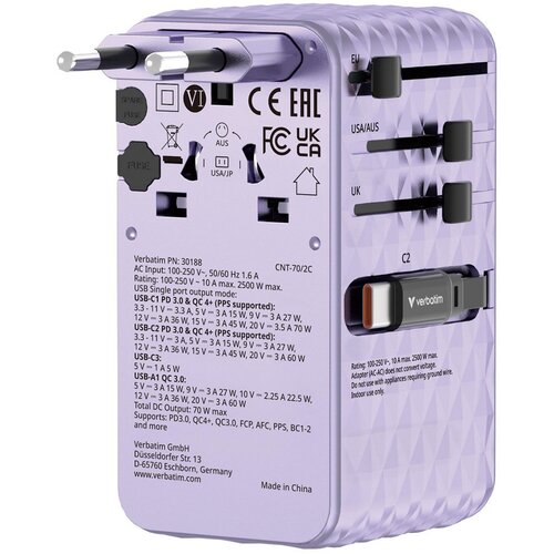 Verbatim Charge 'n' Travel 70W 2C retractable Universal Travel Adapter Purple Cijene