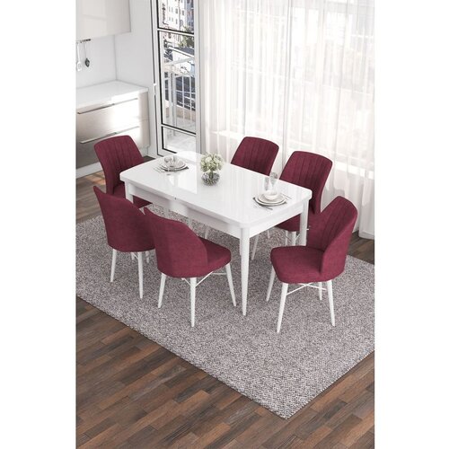 Hanah home Eva - White, Burgundy WhiteBurgundy Extendable Dining Table & Chairs Set (7 Pieces) Cene