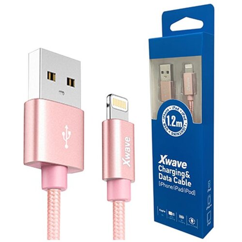 X Wave kabl usb iphone 1.2M 3A,lightning aluminium,upleteni,rose gold mesh Slike