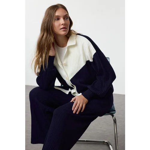 Trendyol Navy Blue Color Block Ribbed Cardigan-Pants Knitwear Top-Top Set