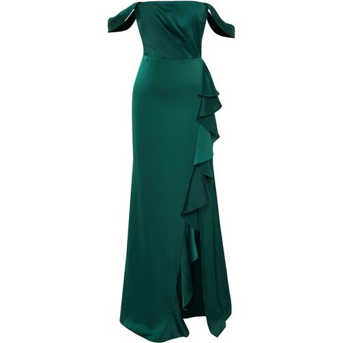 Trendyol emerald green flounce satin long evening dress Slike