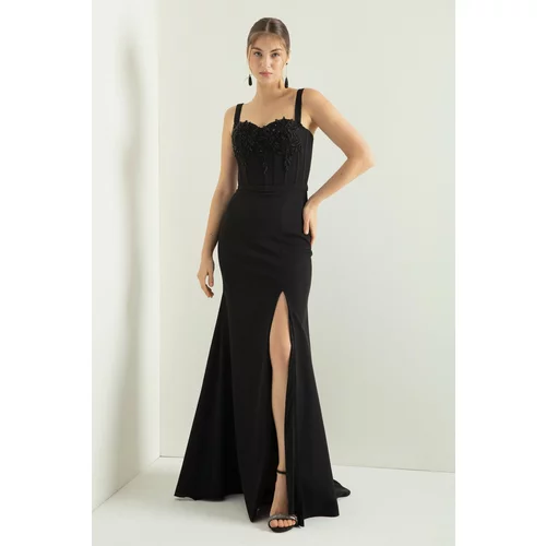 Lafaba Women's Black Stone Underwire Corset Slit Long Satin Evening Dress