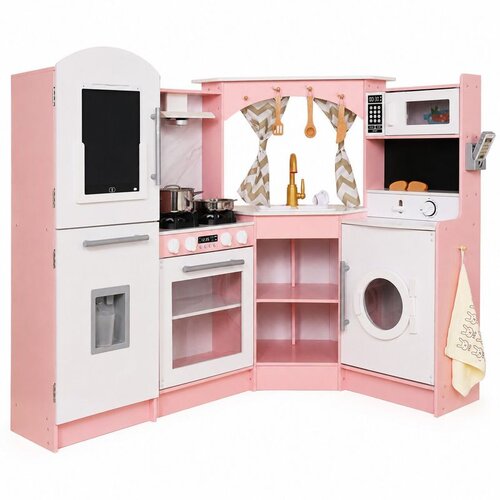 Ginger Home Velika kutna dječja drvena kuhinja s tekućom vodom, svjetlom i zvukom, ružičasta, 134x80x99 cm Cijene