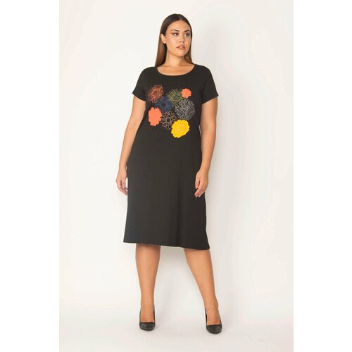 Şans Women's Plus Size Black Embroidered Viscose Dress Slike