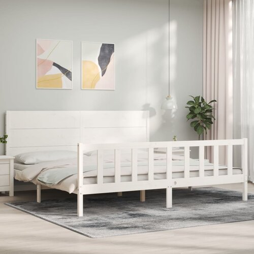 The Living Store Posteljni okvir z vzglavjem bel 200x200 cm trden les - Posteljni Okvir, (21525611) Slike