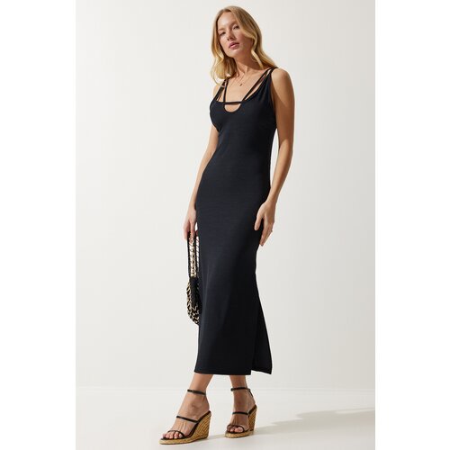 Happiness İstanbul women's black strappy slit summer ribbed knitted dress Slike