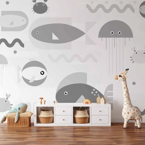  Foto tapeta - Minimalist grey ocean - geometric fish in water for children 350x256 Vodootporna Cijene