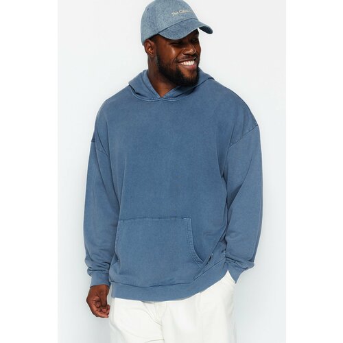 Trendyol Indigo Men's Relaxed/Comfortable Cut, Wash-Effective Hooded 100% Cotton Sweatshirt. Cene