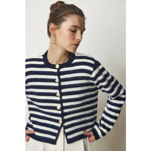 Happiness İstanbul Women's Navy Blue Metal Button Detailed Striped Knitwear Cardigan