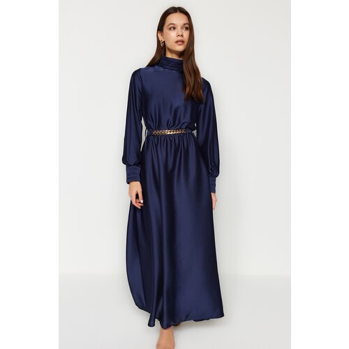Trendyol Navy Blue Collar and Cuff Draped Detail Belted Woven Evening Dress Slike