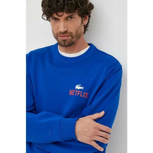 Lacoste Bombažen pulover x Netflix moški, mornarsko modra barva