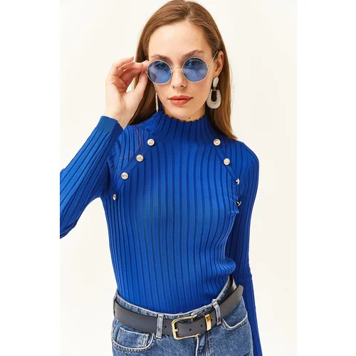 Olalook Women's Saks Blue Stand Collar Thick Ribbed Button Detailed Knitwear Blouse