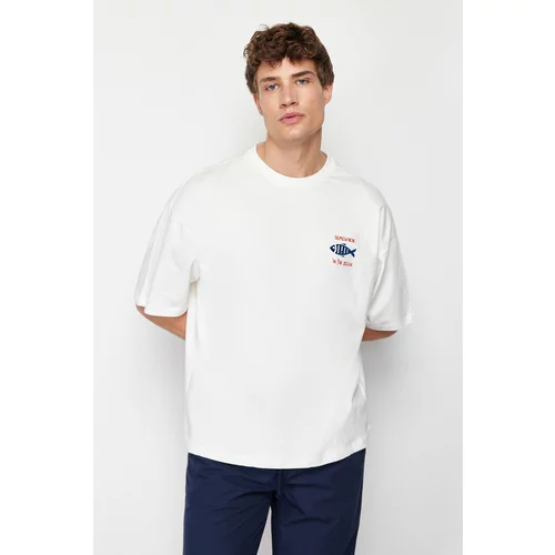 Trendyol Men's Ecru Oversize/Wide-Fit 100% Cotton Velvet Texture Printed T-Shirt