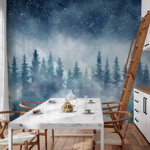  Foto tapeta - Night landscape - landscape of a misty forest at night with a starry sky 100x70 Vodootporna Cene