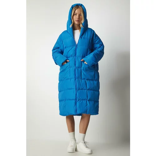 Happiness İstanbul Women's Sky Blue Oversized Long Down Coat with a Hoodie