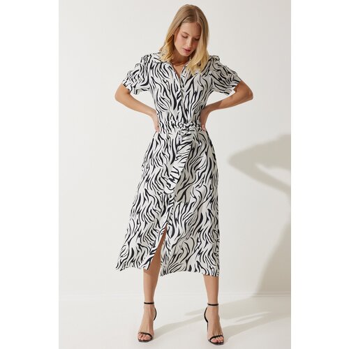  Women's Black and White Patterned Belted Summer Shirt Dress Cene