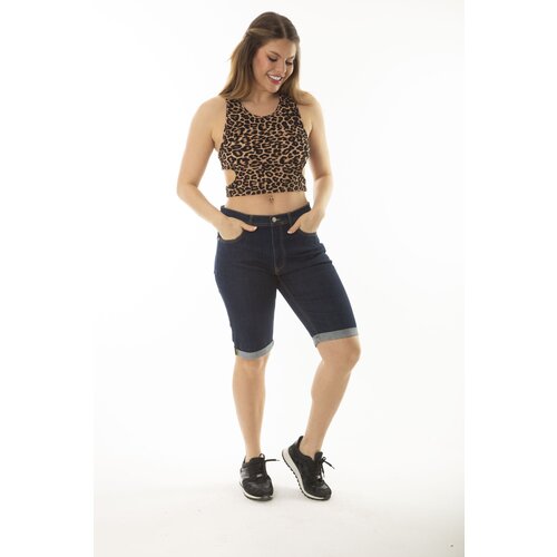 Şans Women's Plus Size Navy Blue 5-Pocket Jeans Shorts with Double Legs Slike