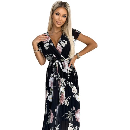 Numoco Pleated midi dress with neckline and ruffles Cene